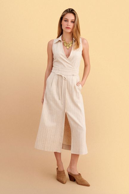 Linen-effect midi dress - Beige
