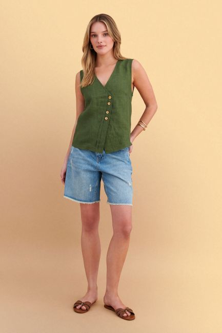 Asymmetric sleeveless linen top - Green
