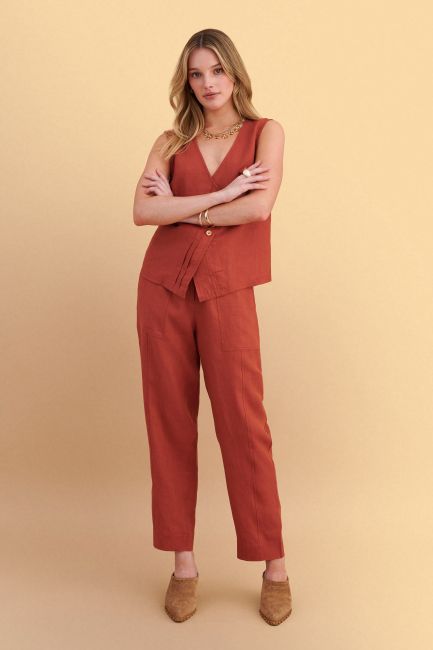 Linen trousers with back elastic - Red
