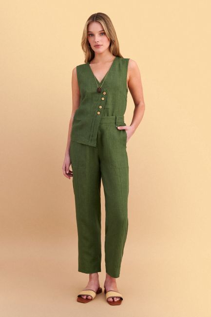 Linen trousers with back elastic - Green