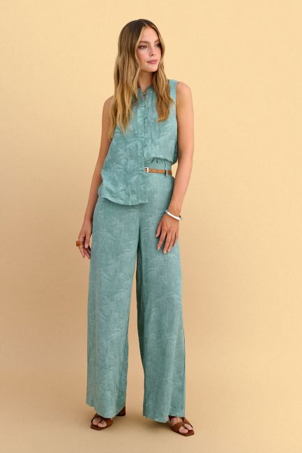 Textured wide-leg pants with belt - Green