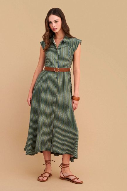 Striped midi dress with belt - Green