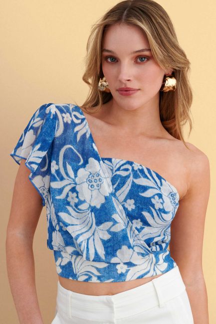 One-shoulder floral crop top - Blue