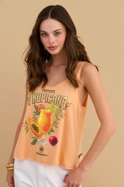 Sleeveless blouse with tropical print - Orange