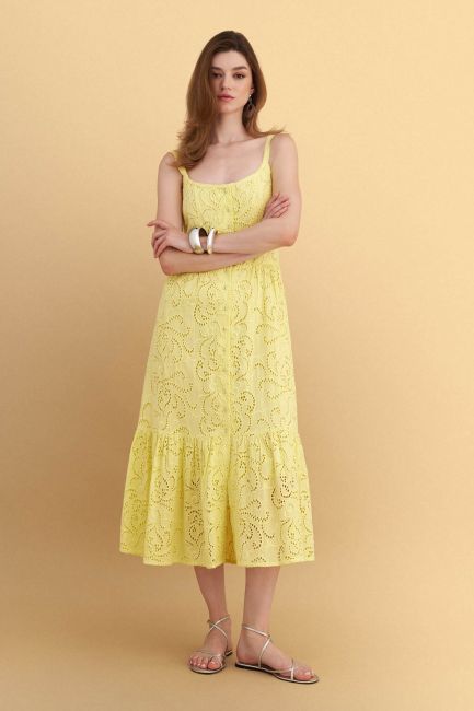 Broderie midi dress with thin straps - Yellow