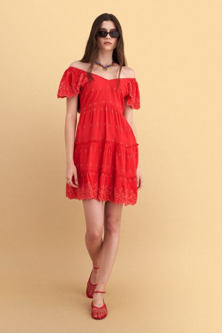 Embroidered mini dress with ruffles - Red