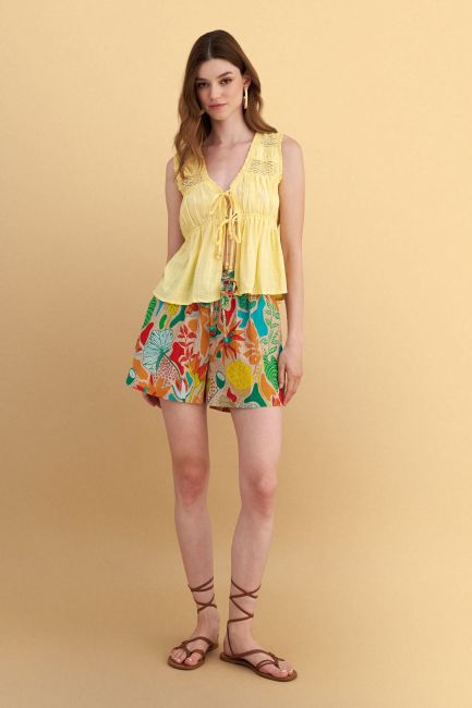 Sleeveless top with tie and lace - Yellow