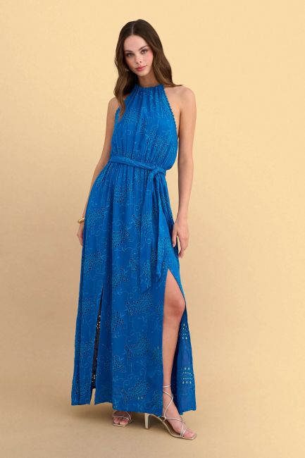 Broderie maxi dress with belt - Blue