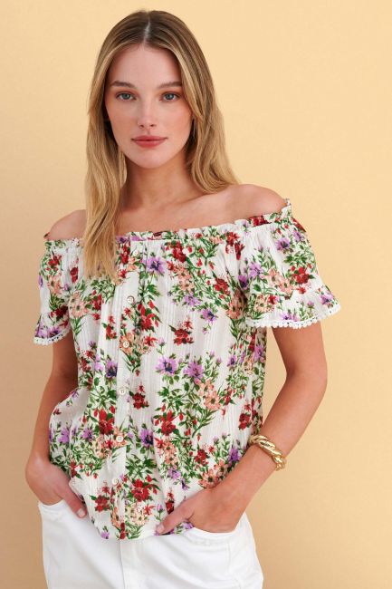 Off-shoulder floral top with buttons - Multicolor
