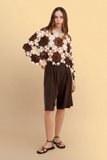 Open knit blouse with floral pattern - Brown