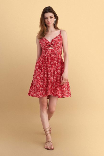 Printed mini dress with thin straps - Red