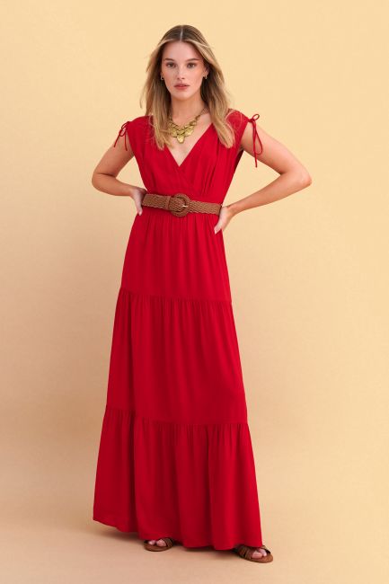 Maxi dress with straw belt - Red