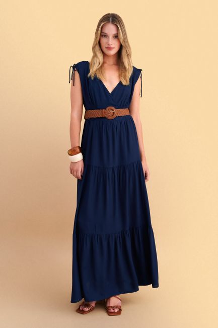 Maxi dress with straw belt - Blue