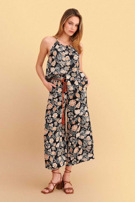 Floral culottes with belt - Black