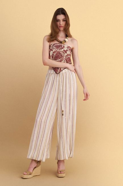 Striped wide-leg pants with tie hem - Beige