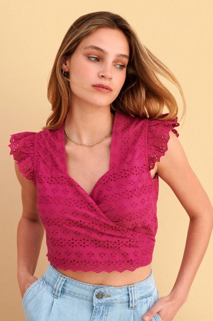 Broderie crop top with tie - Pink