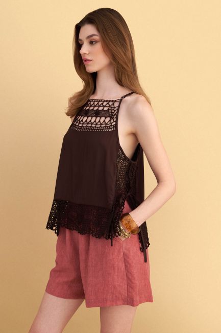 Flowy top with lace - Brown