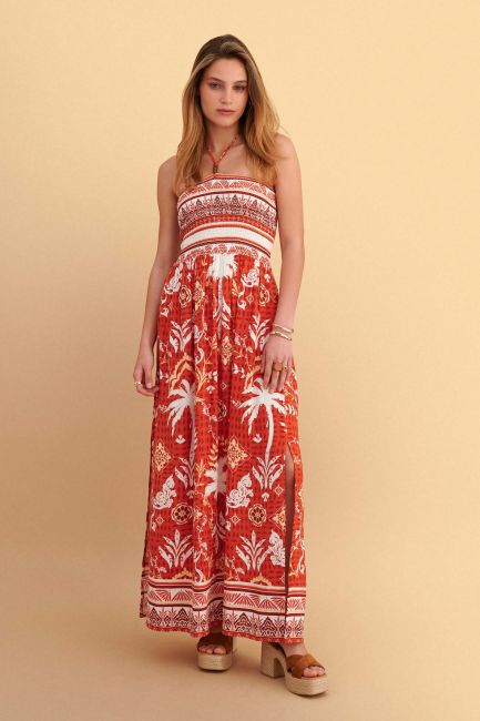 Printed maxi dress with elastic bodice - Orange