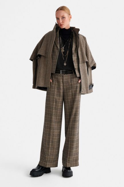 Check trousers with double belt - Beige