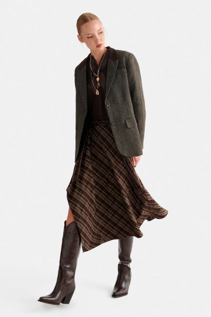 Asymmetric check midi skirt - Brown