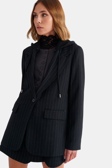 Striped blazer with detachable hood - Black