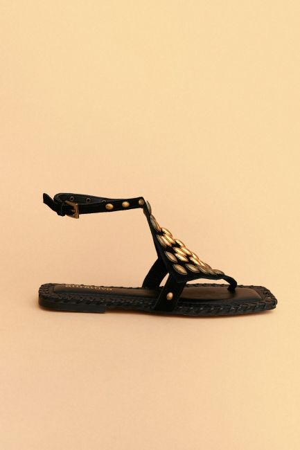 Leather flat sandals with studs - Black