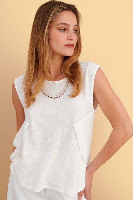 Sleeveless top with mixed materials - White
