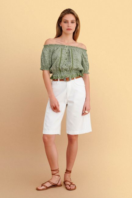 Knee-length denim bermuda shorts - White