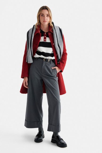 High-waisted striped cropped trousers with belt - Grey