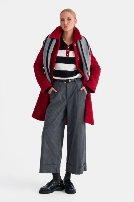 High-waisted striped cropped trousers with belt - Grey