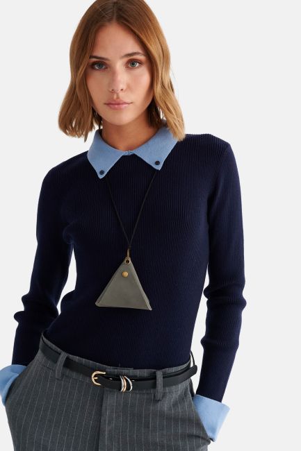 Long-sleeve knitted top with a contrast collar and cuffs - Blue