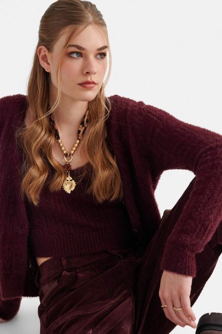 Fluffy-knit cardigan & top - Red