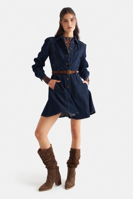 Denim mini dress with belt - Blue