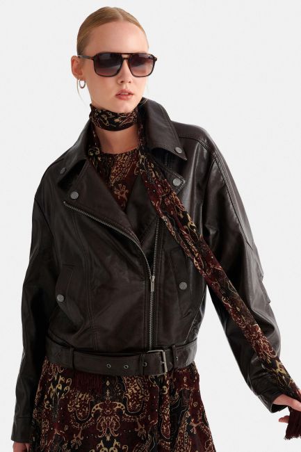 Faux leather jacket with belt - Brown