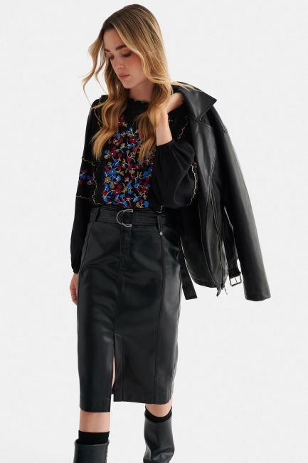 Faux leather midi skirt with belt - Black