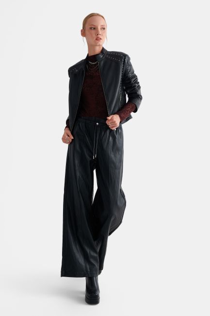 High-waisted wide-leg faux leather trousers with an elasticated drawstring waist - Black