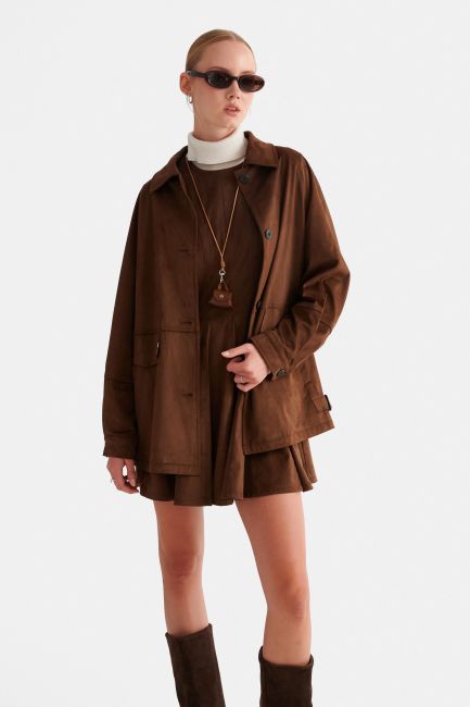 Long suede jacket with pockets - Brown