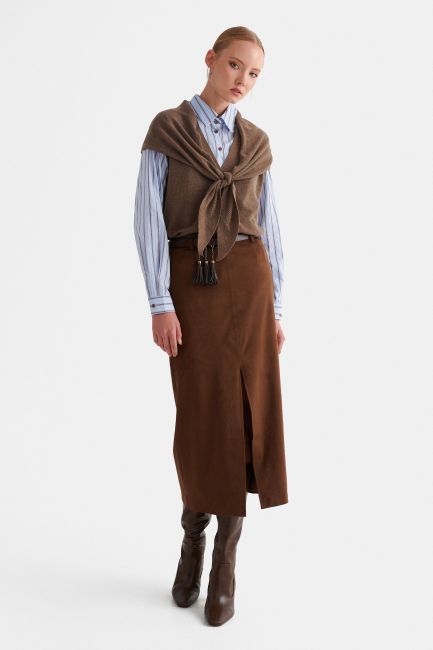Long suede skirt with belt - Brown