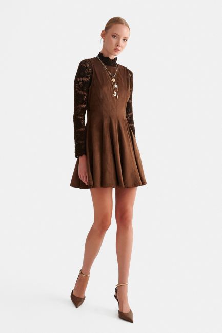 Short plain suede dress - Brown