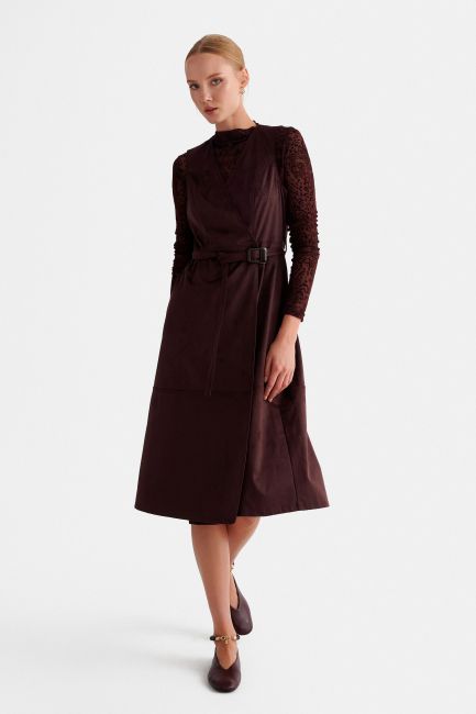 Long suede dress with belt - Purple