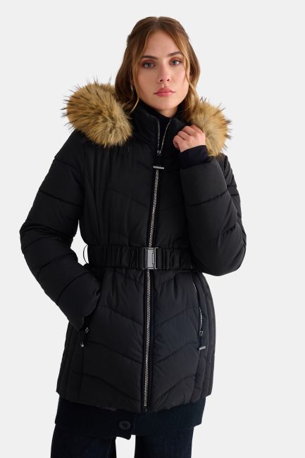 Long quilted jacket with hood and belt - Black