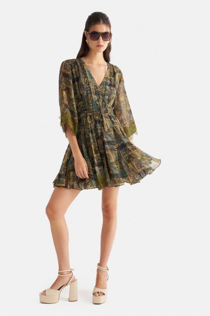 Boho print mini dress with belt - Multicolor