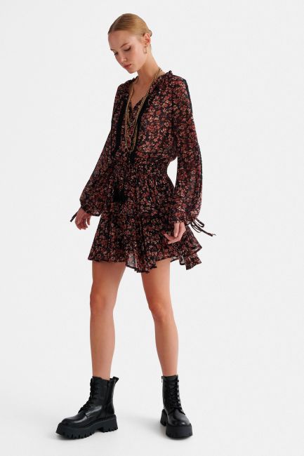 Floral mini dress with ruffles - Black