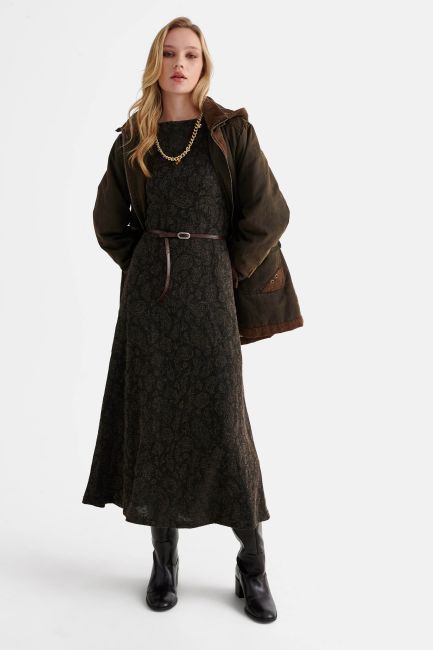 Long printed dress with belt - Brown