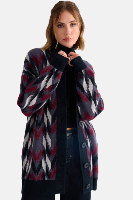 Knitted long cardigan with geometric patterns - Grey