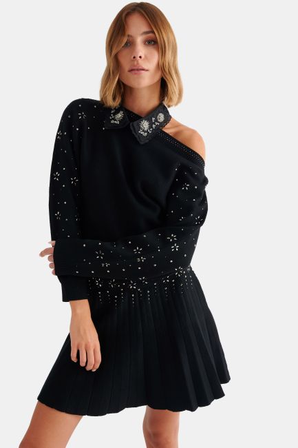Knitted mini skirt with rhinestones - Black