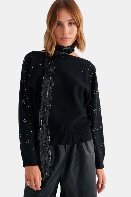 Long-sleeved knitted top with rhinestones - Black
