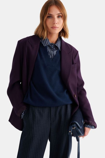 Long-sleeved knitted top with integrated collar and cuffs - Blue