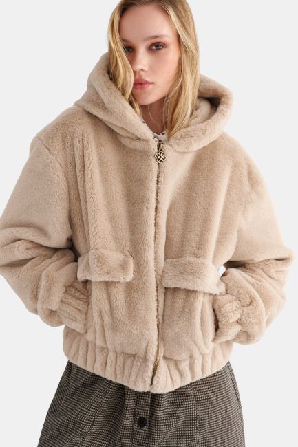 Short faux fur jacket with hood - Beige