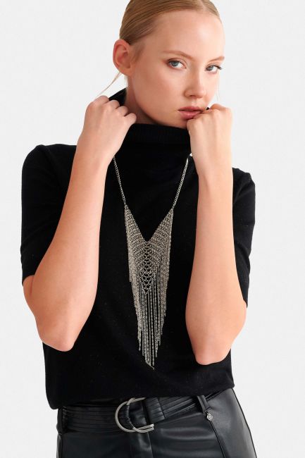 Short sleeve knit turtleneck top - Black